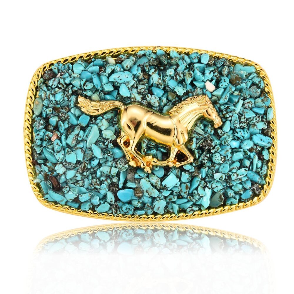 9241 Western Belt Buckle , Antique Golden Horse Belt Buckle with Turquoise